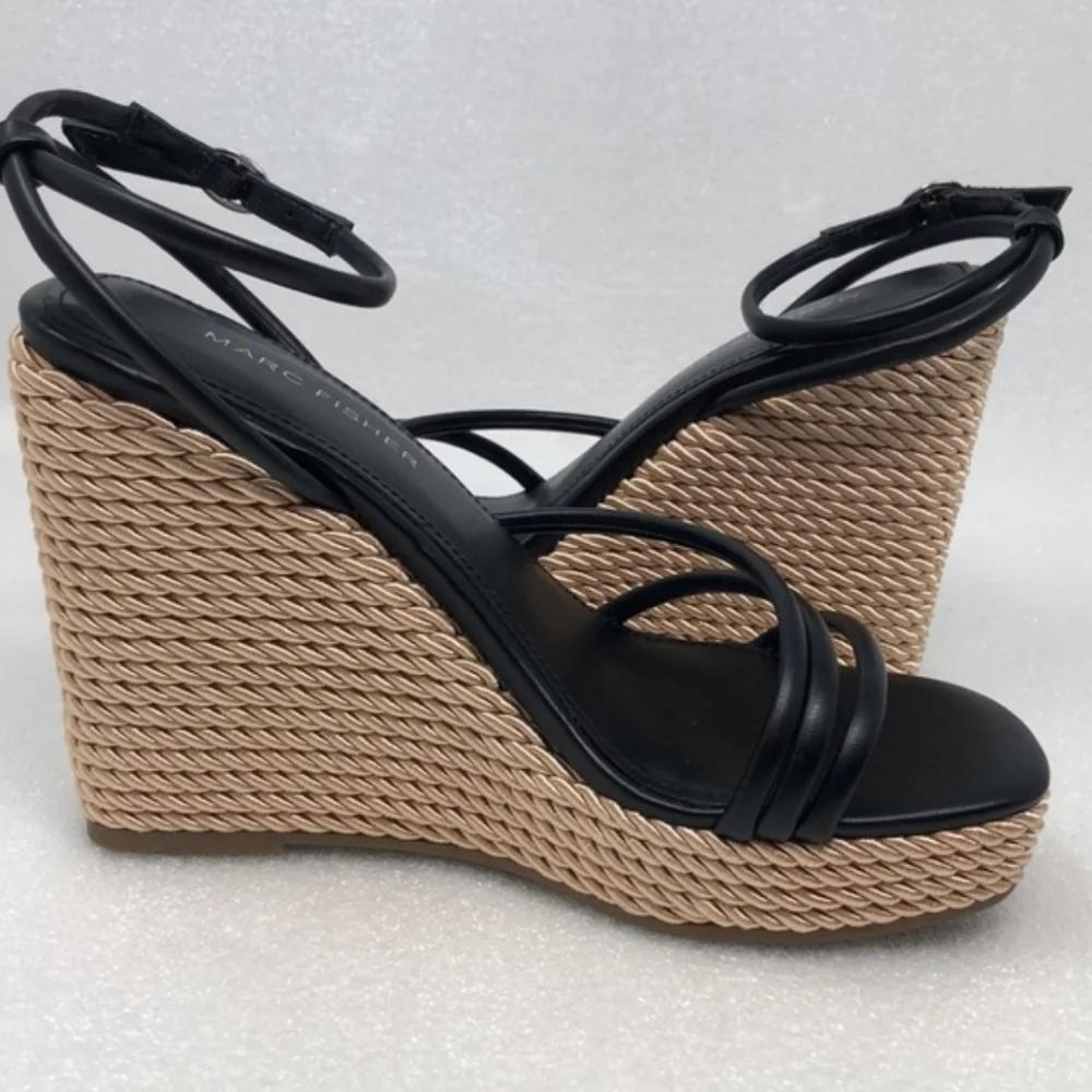 Women's Marc Fisher Mfzeki Black and Tan Wedge Sandals
